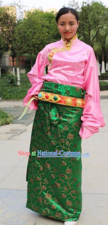 Chinese Traditional Minority Dance Costume Zang Nationality Tibetan Minority Green Skirt for Women