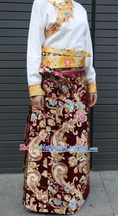 Chinese Traditional Minority Dance Costume Zang Nationality Tibetan Minority Purplish Red Skirt for Women