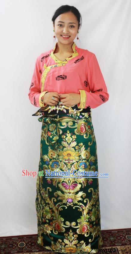 Chinese Traditional Minority Dance Costume Zang Nationality Tibetan Minority Green Skirt for Women