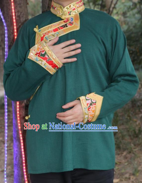 Chinese Traditional Tibetan Minority Dance Costume Zang Nationality Green Shirt for Men