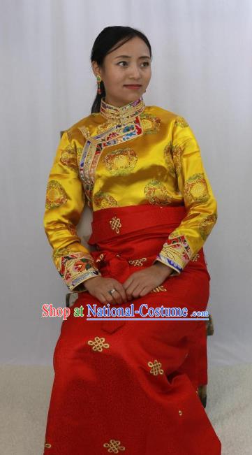 Chinese Traditional Minority Dance Costume Zang Nationality Clothing Tibetan Blouse and Skirt for Women