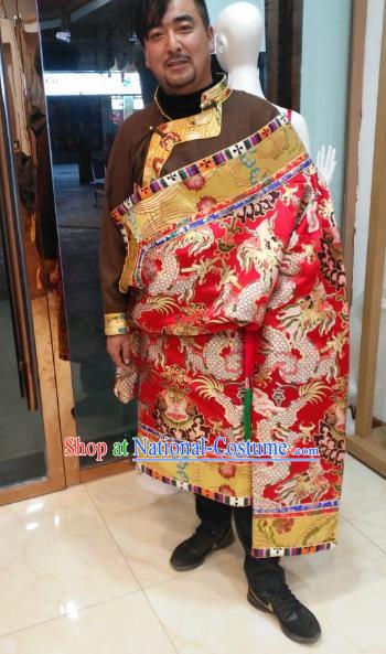 Chinese Traditional Tibetan Minority Dance Costume Zang Nationality Red Tibetan Robe for Men
