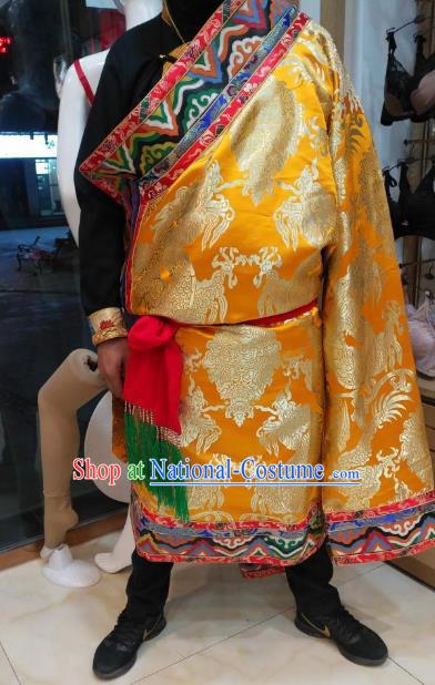 Chinese Traditional Tibetan Minority Dance Costume Zang Nationality Golden Tibetan Robe for Men