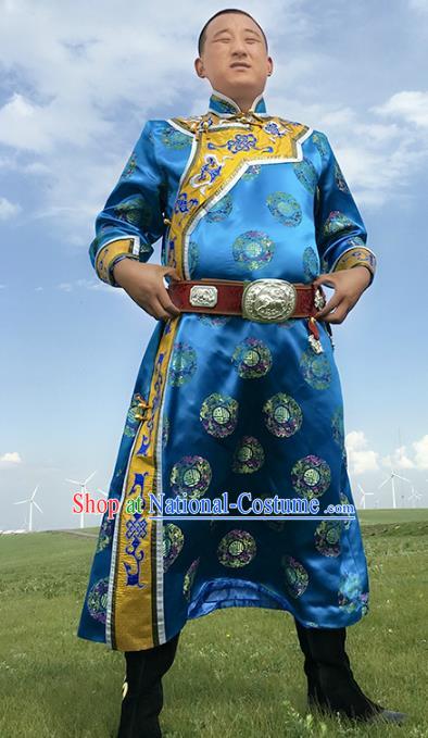 Chinese Mongol Nationality Ethnic Costume Blue Mongolian Robe, Traditional Mongolian Folk Dance Clothing for Men