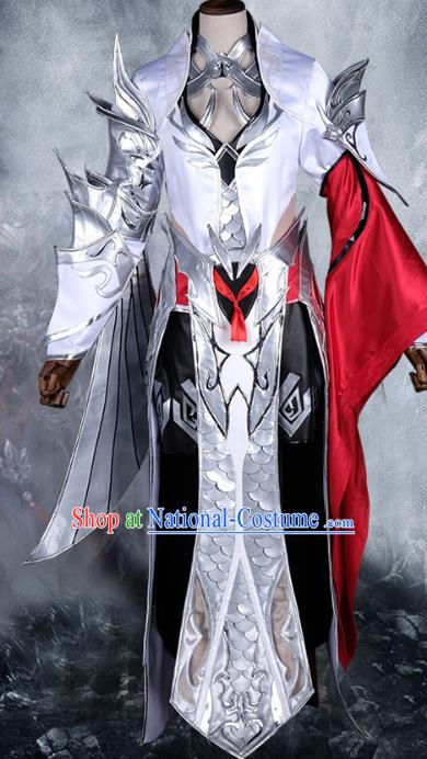 Chinese Ancient Cosplay Warrior White Costume Nobility Childe Swordsman Body Armour and Boots for Men