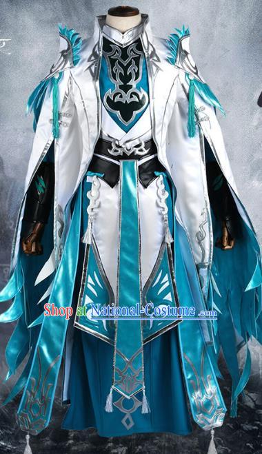 Chinese Ancient Nobility Childe Warrior Costume Cosplay Swordsman Blue Clothing for Men