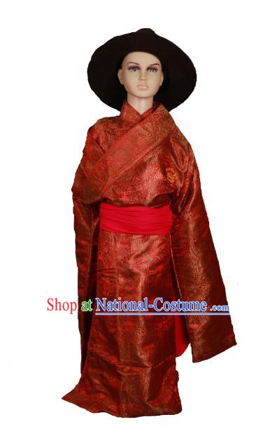 Chinese Traditional Tibetan Minority Dance Costume Zang Nationality Red Brocade Tibetan Robe for Kids