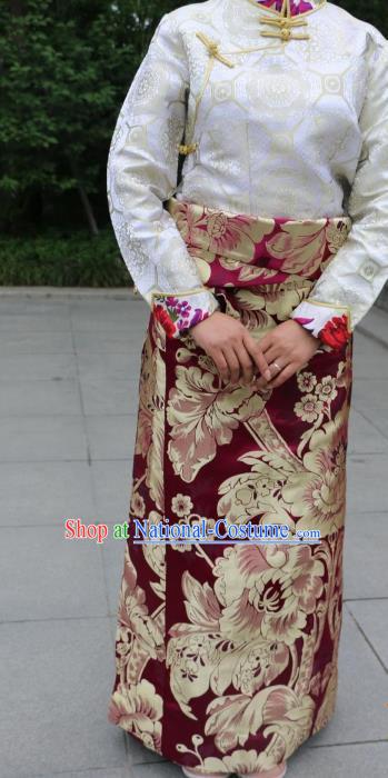 Chinese Traditional Minority Dance Costume Wine Red Tibetan Skirt Zang Nationality Clothing for Women