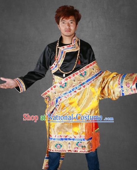 Chinese Traditional Tibetan Minority Dance Costume Zang Nationality Golden Brocade Tibetan Robe for Men