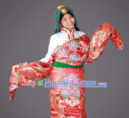 Chinese Traditional Minority Dance Costume Red Tibetan Robe Zang Nationality Clothing for Women