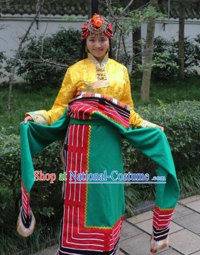 Chinese Traditional Minority Dance Costume Green Tibetan Robe Zang Nationality Clothing for Women