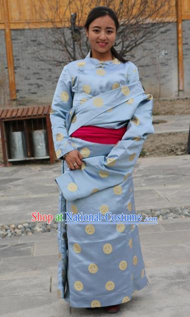 Chinese Traditional Minority Wedding Costume Blue Satin Tibetan Robe Zang Nationality Clothing for Women