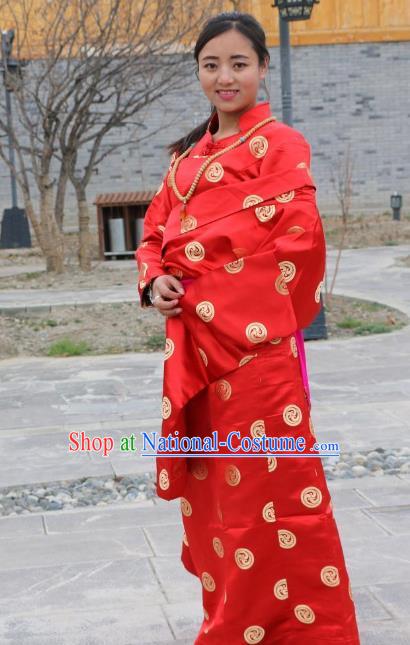 Chinese Traditional Minority Wedding Costume Red Satin Tibetan Robe Zang Nationality Clothing for Women