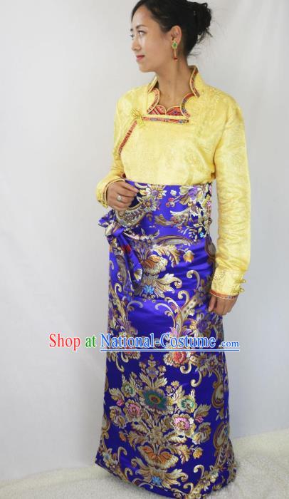 Chinese Traditional Minority Costume Tibetan Royalblue Brocade Skirt Zang Nationality Clothing for Women