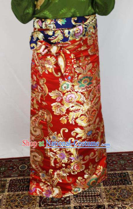 Chinese Traditional Minority Costume Tibetan Red Brocade Skirt Zang Nationality Clothing for Women