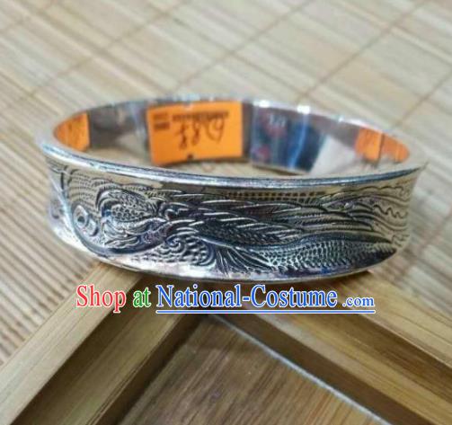 Chinese Zang Nationality Handmade Accessories Bracelet Tibetan Minority Carving Sliver Bangle for Women