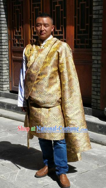 Chinese Traditional Tibetan Minority Wedding Costume Zang Nationality Golden Brocade Tibetan Robe for Men