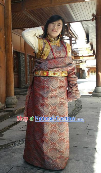 Chinese Traditional Minority Wedding Costume Tibetan Red Brocade Zang Nationality Clothing for Women