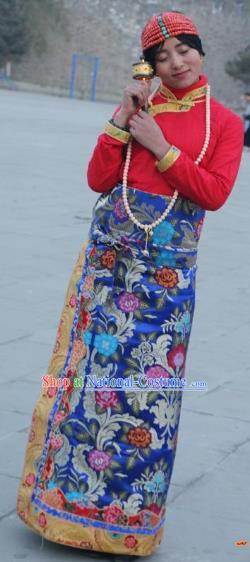 Chinese Traditional Minority Costume Tibetan Royalblue Brocade Skirt Zang Nationality Clothing for Women