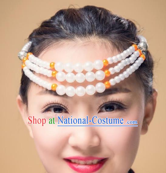 Traditional Chinese Folk Dance Hair Accessories, Mongolian Minority White Beads Hair Jewelry Dance Headband for Women