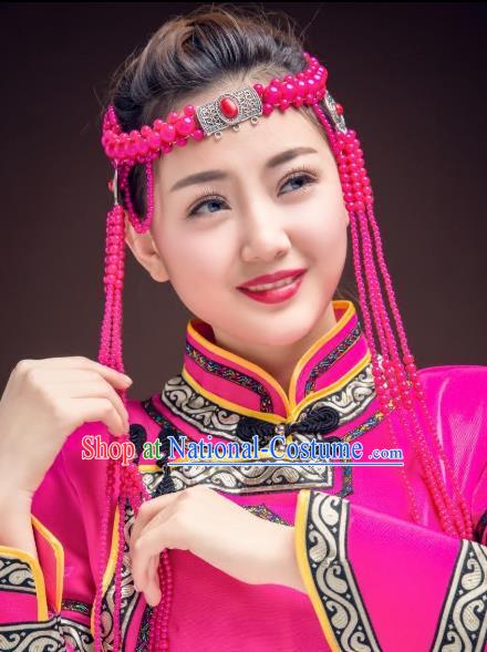 Traditional Chinese Folk Dance Tassel Hair Accessories, Mongolian Minority Rosy Beads Hair Jewelry Dance Headband for Women