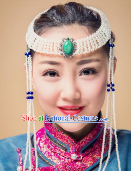 Traditional Chinese Folk Dance Tassel Kallaite Hair Accessories, Mongolian Minority Bride Hair Jewelry Dance Headband for Women