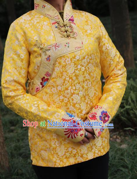 Chinese Traditional Tibetan Minority Costume Yellow Blouse Zang Nationality Clothing for Women