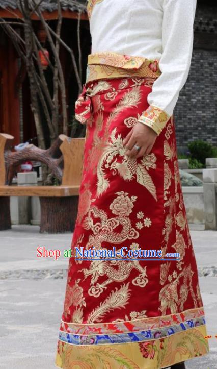 Chinese Traditional Tibetan Red Skirt Minority Costume Zang Nationality Clothing for Women