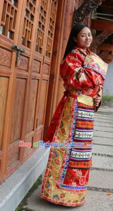 Chinese Traditional Red Wedding Tibetan Robe Minority Costume Zang Nationality Clothing for Women