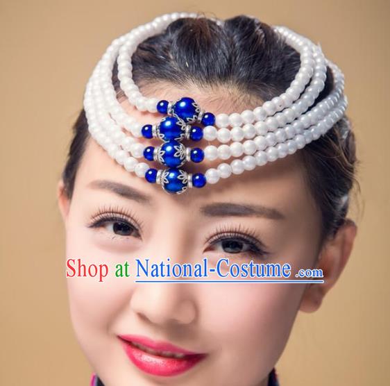 Chinese Traditional Folk Dance Hair Accessories, Mongolian Minority Bride Blue Beads Hair Jewelry Dance Headband for Women