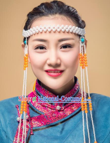 Chinese Traditional Folk Dance Tassel Hair Accessories, Mongolian Minority Bride Orange Beads Hair Jewelry Dance Headband for Women