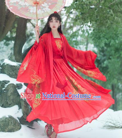 Chinese Traditional Jin Dynasty Princess Red Dress Ancient Swordswoman Embroidered Clothing for Women