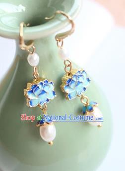 Chinese Ancient Handmade Earrings Accessories Hanfu Blueing Lotus Eardrop for Women