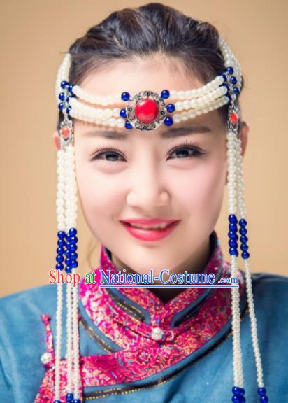 Chinese Traditional Folk Dance Pearls Tassel Hair Accessories, Mongolian Minority Princess Headwear for Women