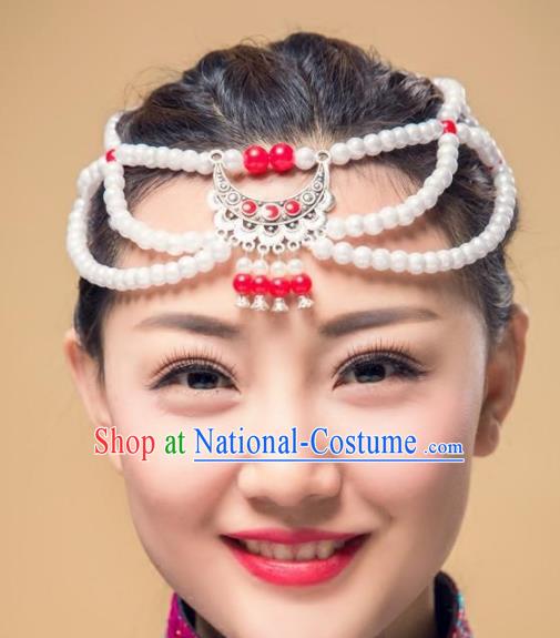 Chinese Traditional Folk Dance Pearls Hair Accessories, Mongolian Minority Dance Headwear for Women