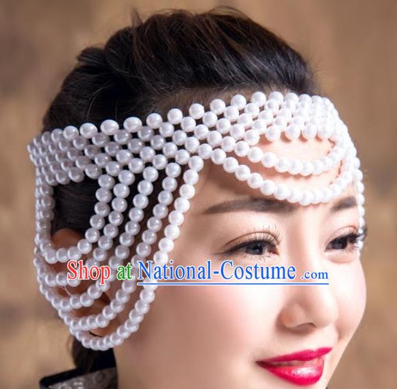 Chinese Traditional Folk Dance Hair Accessories White Beads Hair Clasp, Mongolian Minority Dance Headwear for Women