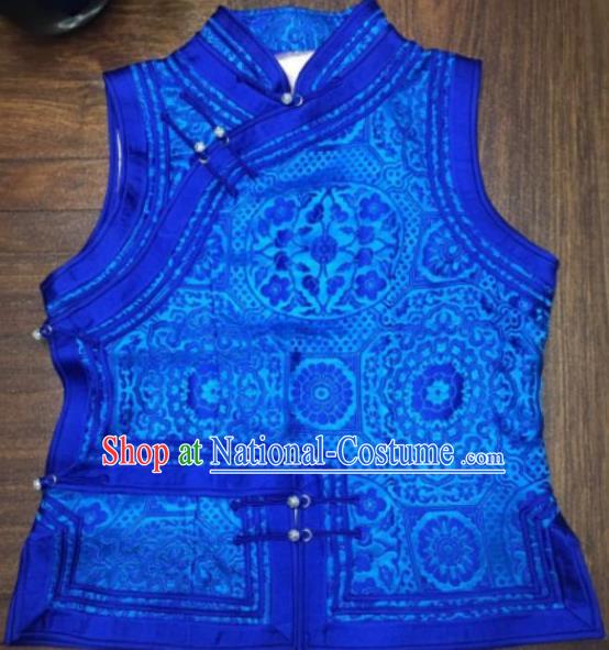 Chinese Traditional Female Ethnic Costume Blue Vest, China Mongolian Minority Folk Dance Waistcoat Clothing for Women