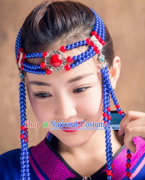 Chinese Traditional Ethnic Folk Dance Tassel Hair Accessories Royalblue Beads Hair Clasp, Mongolian Minority Dance Headwear for Women