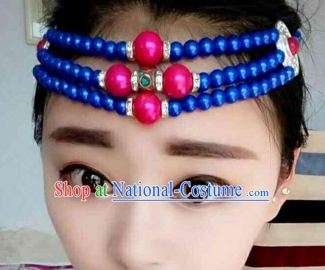 Chinese Traditional Ethnic Folk Dance Hair Accessories Blue Beads Hair Clasp, Mongolian Minority Dance Headwear for Women