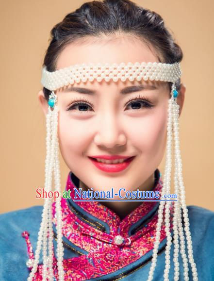 Chinese Traditional Ethnic White Beads Tassel Hair Accessories, Mongolian Minority Folk Dance Headwear for Women