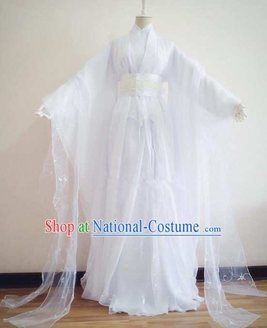 Chinese Traditional Han Dynasty Swordswoman White Hanfu Dress Ancient Fairy Clothing for Women