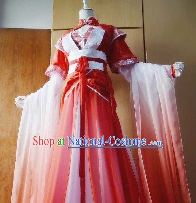 Chinese Traditional Han Dynasty Swordswoman Red Hanfu Dress Ancient Fairy Clothing for Women