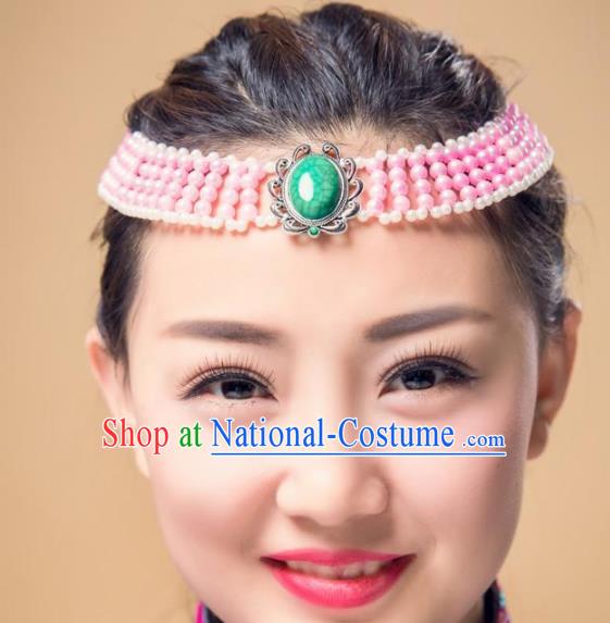 Chinese Traditional Ethnic Pink Beads Hair Accessories, Mongolian Minority Folk Dance Headwear for Women