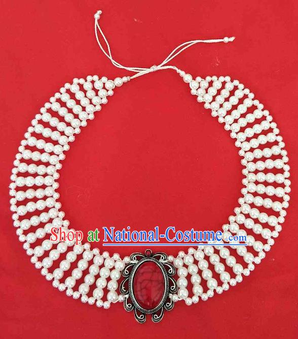 Chinese Traditional Ethnic White Beads Hair Accessories, Mongolian Minority Folk Dance Headwear for Women