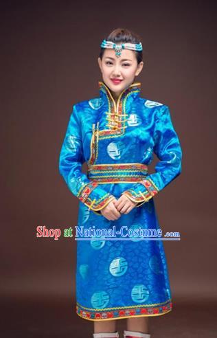 Chinese Traditional Female Ethnic Costume, China Mongolian Minority Folk Dance Blue Clothing for Women