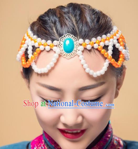 Chinese Traditional Mongol Ethnic Hair Accessories, Mongolian Minority Folk Dance Orange Beads Tassel Headwear for Women