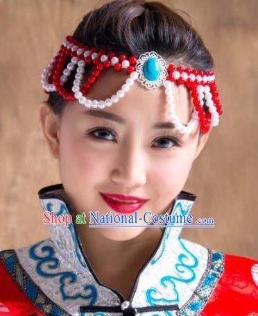 Chinese Traditional Mongol Ethnic Hair Accessories, Mongolian Minority Folk Dance Red Beads Tassel Headwear for Women