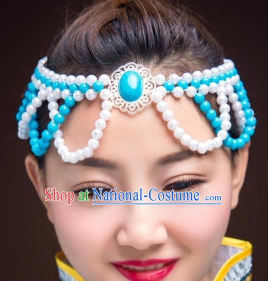 Chinese Traditional Mongol Ethnic Hair Accessories, Mongolian Minority Folk Dance Blue Beads Tassel Headwear for Women