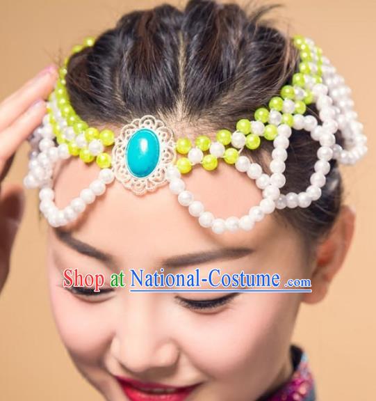 Chinese Traditional Mongol Ethnic Hair Accessories, Mongolian Minority Folk Dance Green Beads Tassel Headwear for Women