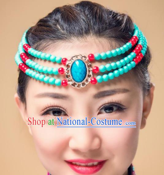 Chinese Traditional Mongol Stage Performance Hair Accessories, Mongolian Minority Folk Dance Green Beads Headwear for Women